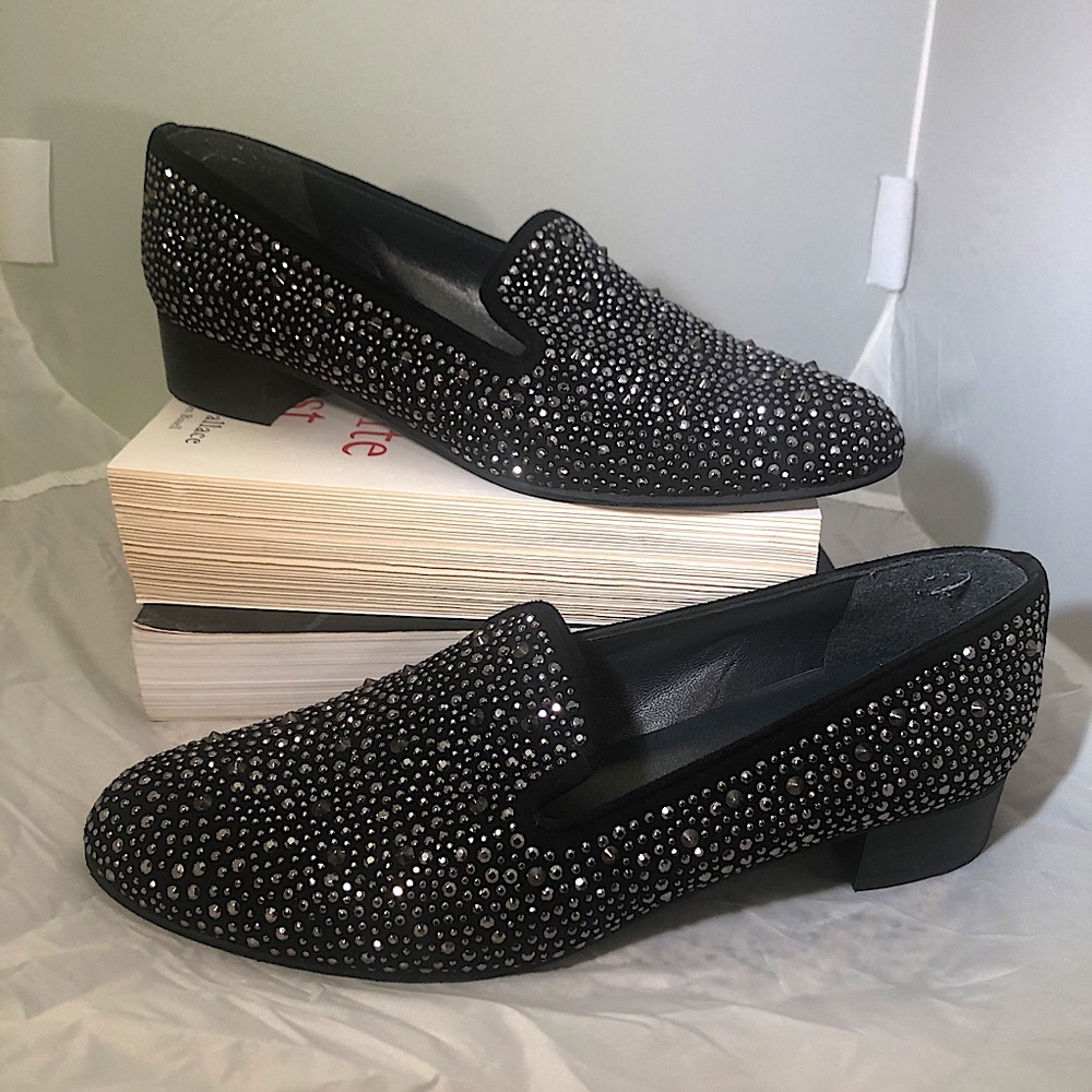 Stuart Weitzman Black Suede Studded Loafers